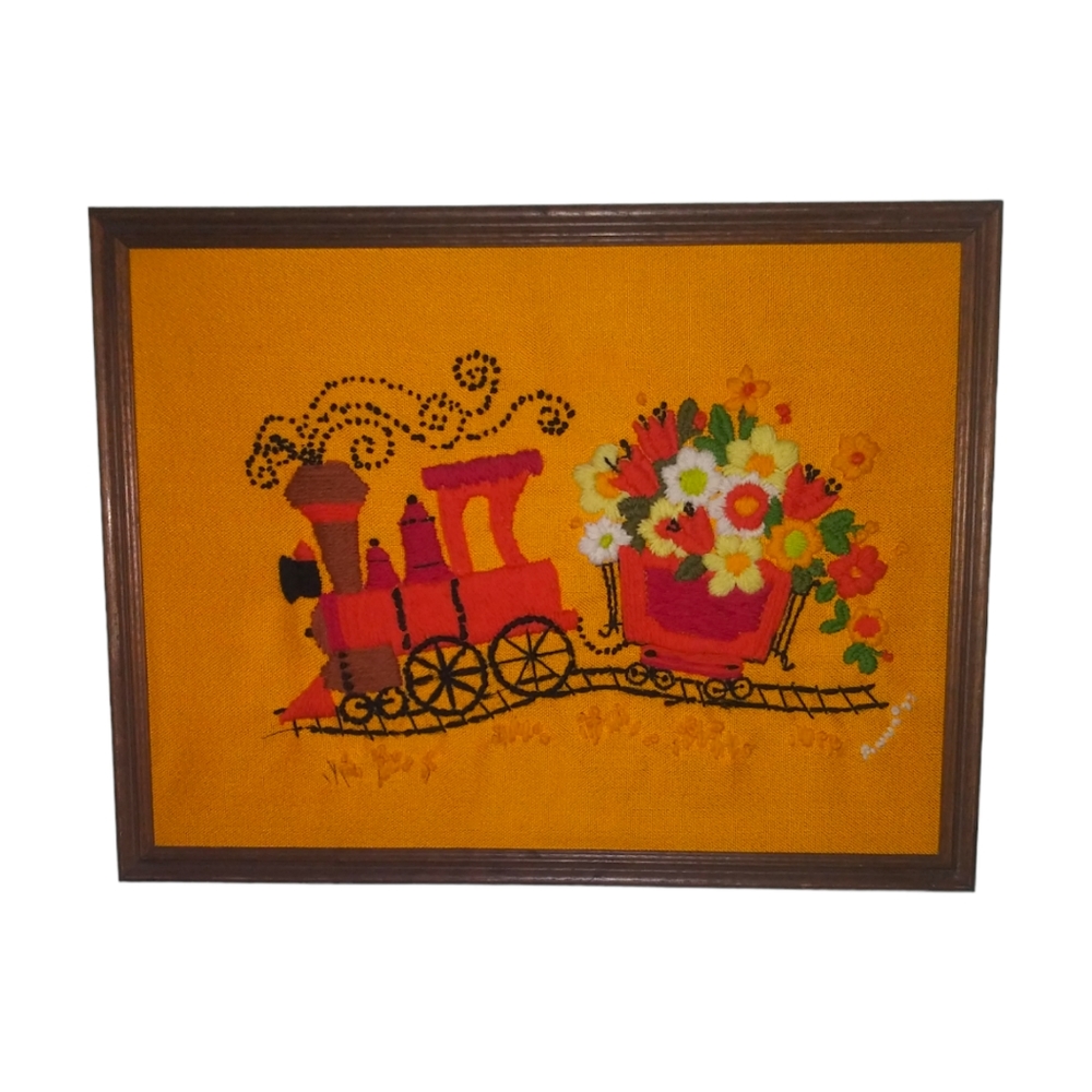 Vintage Embroidered Picture Train Flowers 70's Wall Decor Orange